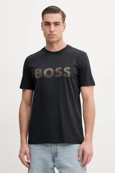 BOSS Green tricou bărbați, culoarea albastru marin, cu imprimeu, 50535170