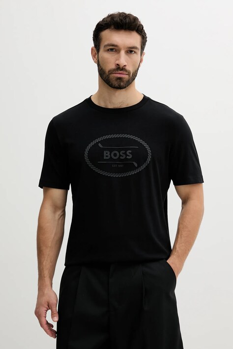 Памучна тениска BOSS Green в черно с принт 50537825