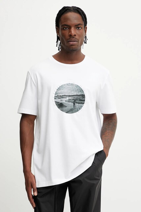 BOSS Green tricou bărbați, culoarea alb, cu imprimeu, 50537847