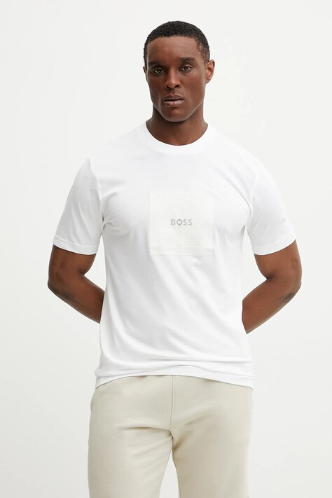 BOSS Green tricou din bumbac bărbați, culoarea alb, cu imprimeu, 50538096