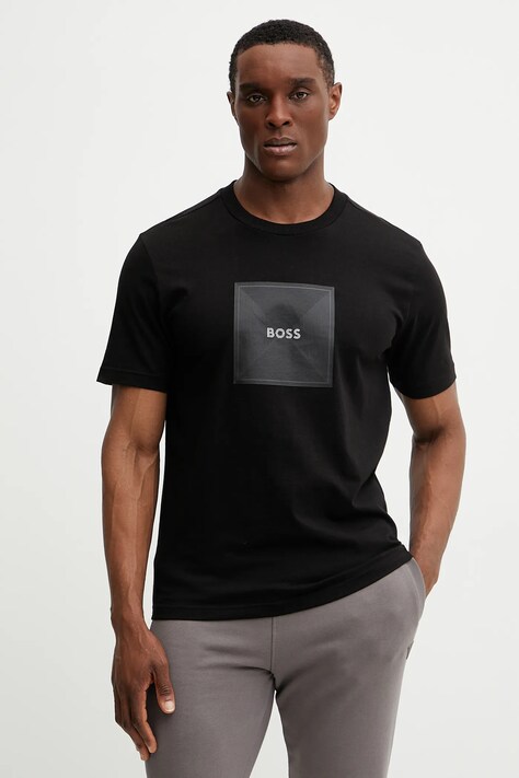 BOSS Green tricou din bumbac bărbați, culoarea negru, cu imprimeu, 50538096