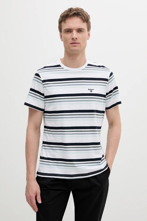 Barbour tricou din bumbac Houstead Stripe Tailored Fit T-Shirt culoarea alb, cu imprimeu, MTS1392