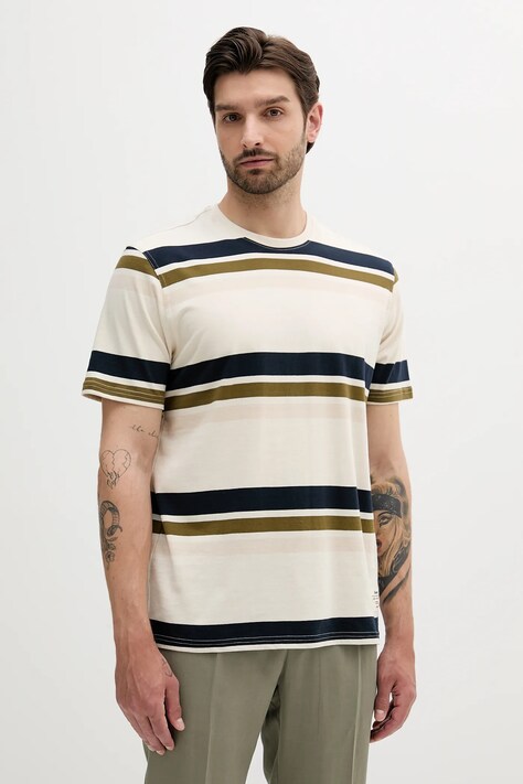 Bavlněné tričko Barbour Golborne Stripe Relaxed Fit T-Shirt pánské, béžová barva, MTS1409