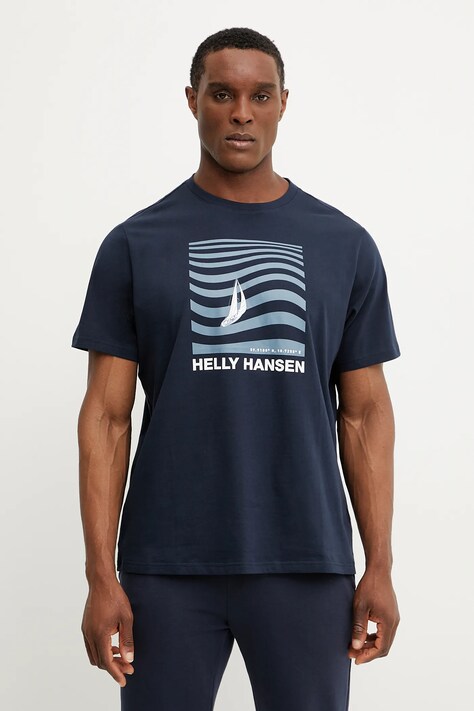 Bavlnené tričko Helly Hansen SHORELINE pánske, tmavomodrá farba, s potlačou, 54601