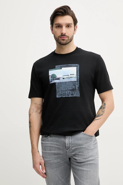 BOSS Orange tricou din bumbac barbati, culoarea negru, cu imprimeu, 50539180