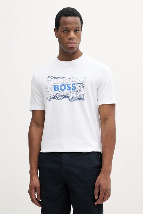 BOSS Orange tricou din bumbac bărbați, culoarea bej, cu imprimeu, 50539186