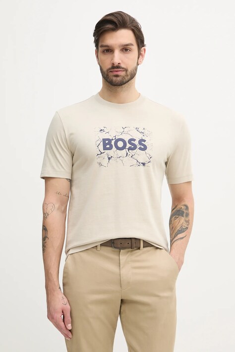 BOSS Orange tricou din bumbac bărbați, culoarea bej, cu imprimeu, 50539186