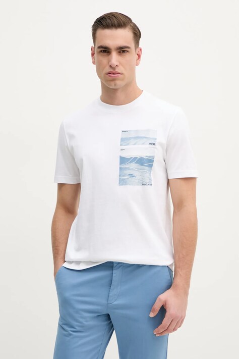 BOSS Orange tricou din bumbac barbati, culoarea alb, cu imprimeu, 50539194