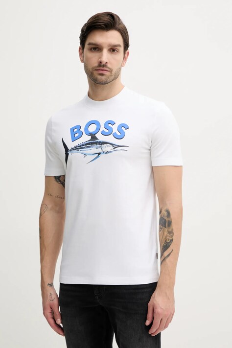 BOSS Orange tricou din bumbac barbati, culoarea bej, cu imprimeu, 50539196