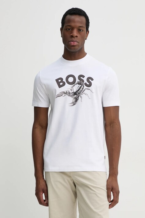 BOSS Orange pamut póló fehér, férfi, nyomott mintás, 50539196