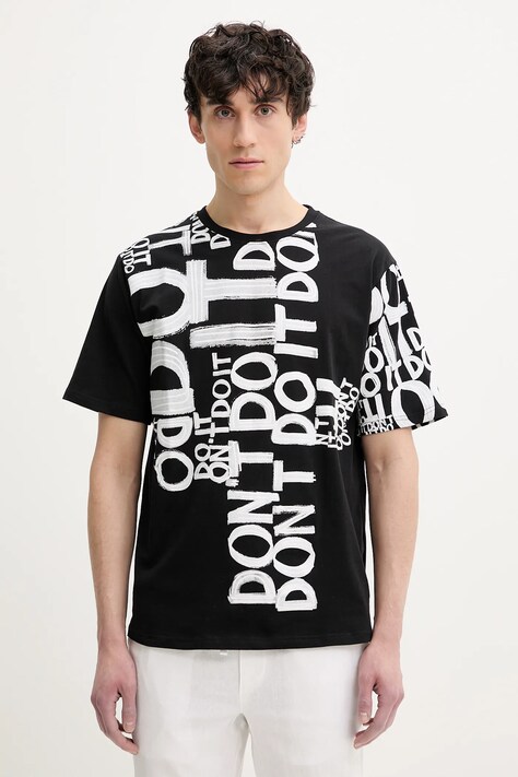 Desigual tricou din bumbac MAN MILAN barbati, culoarea negru, modelator, 25SMTK20