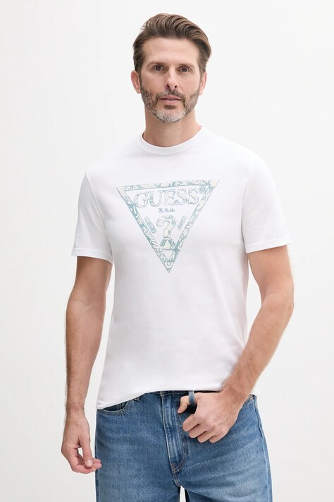Guess tricou din bumbac culoarea alb, cu imprimeu, M5GI06 I3Z14