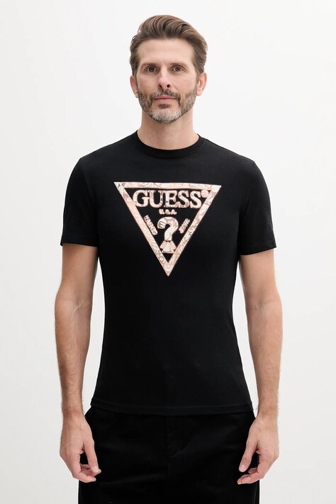 Bavlněné tričko Guess pánské, černá barva, s potiskem, M5GI06 I3Z14