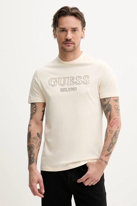 Guess tricou din bumbac barbati, culoarea bej, cu imprimeu, M5GI07 I3Z14