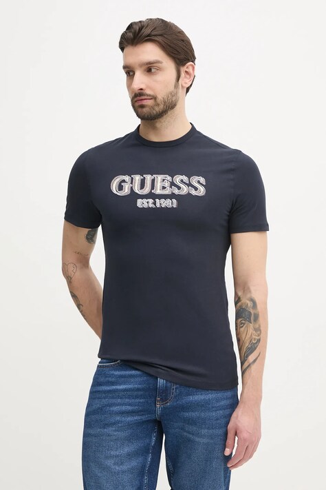 Guess tricou din bumbac barbati, culoarea albastru marin, cu imprimeu, M5GI07 I3Z14