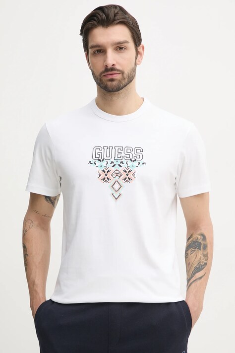 Guess t-shirt bawełniany męski kolor biały z aplikacją M5GI11 K8FQ4