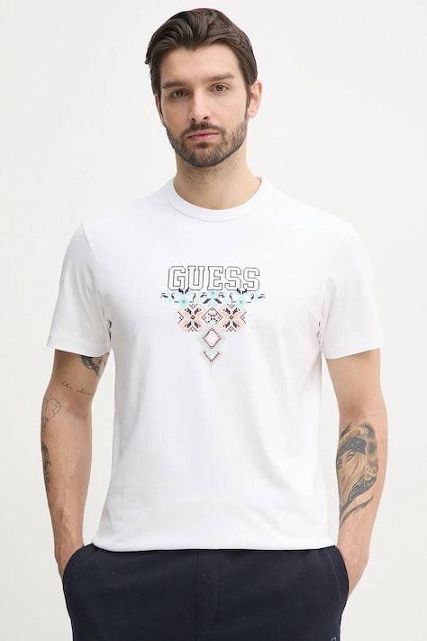 Guess t-shirt bawełniany męski kolor biały z aplikacją M5GI11 K8FQ4