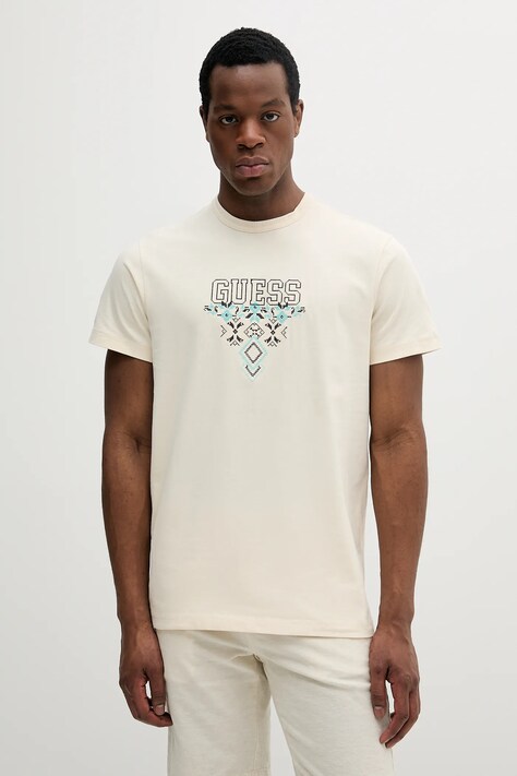 Guess tricou din bumbac barbati, culoarea bej, cu imprimeu, M5GI11 K8FQ4