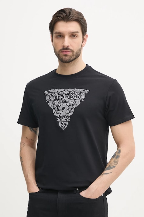 Bavlnené tričko Guess pánske, čierna farba, s nášivkou, M5GI16 K8FQ4