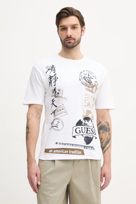 Guess tricou din bumbac bărbați, culoarea alb, cu imprimeu, M5GI26 KCH21