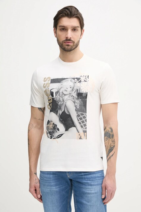 Guess pamut póló bézs, férfi, nyomott mintás, M5GI33 KBW41