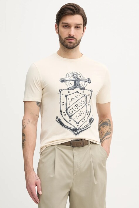 Guess tricou din bumbac barbati, culoarea bej, cu imprimeu, M5GI72 KBW41