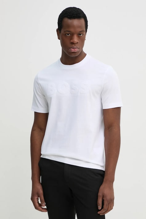 Bavlnené tričko BOSS pánske, biela farba, s nášivkou, 50536796