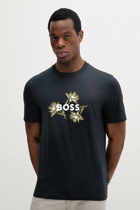 BOSS tricou din bumbac barbati, culoarea albastru marin, cu imprimeu, 50536796