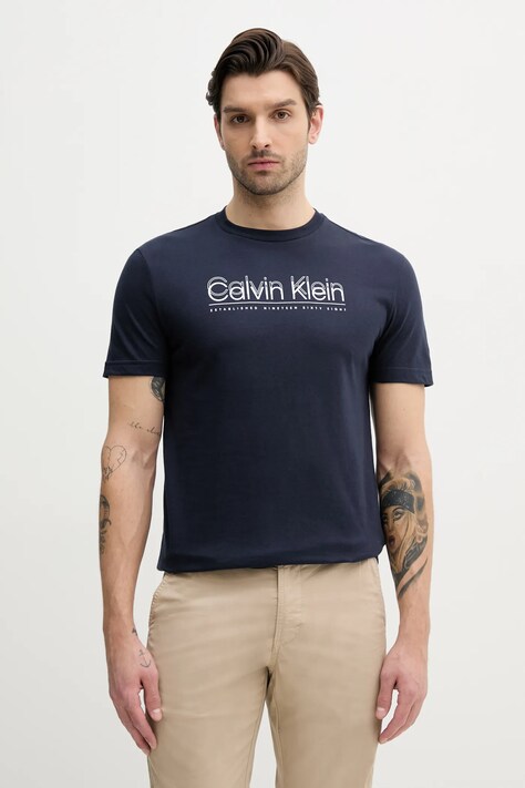 Calvin Klein tricou din bumbac barbati, culoarea albastru marin, cu imprimeu, K10K114149