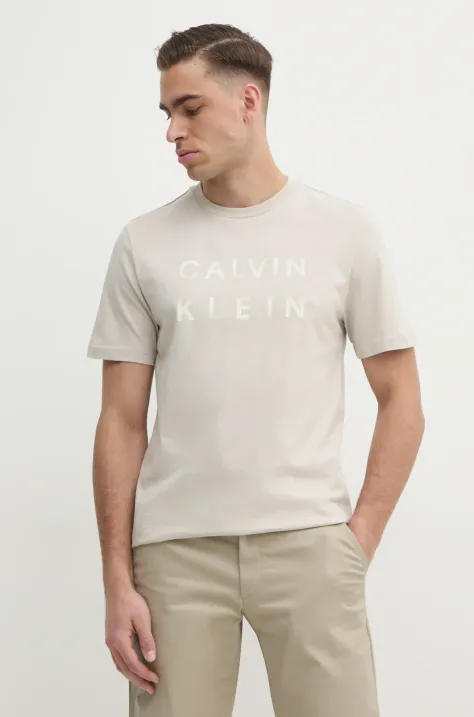 Calvin Klein t-shirt bawełniany męski kolor beżowy z nadrukiem K10K114156