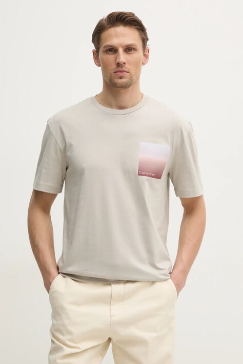 Calvin Klein tricou din bumbac barbati, culoarea bej, cu imprimeu, K10K114164