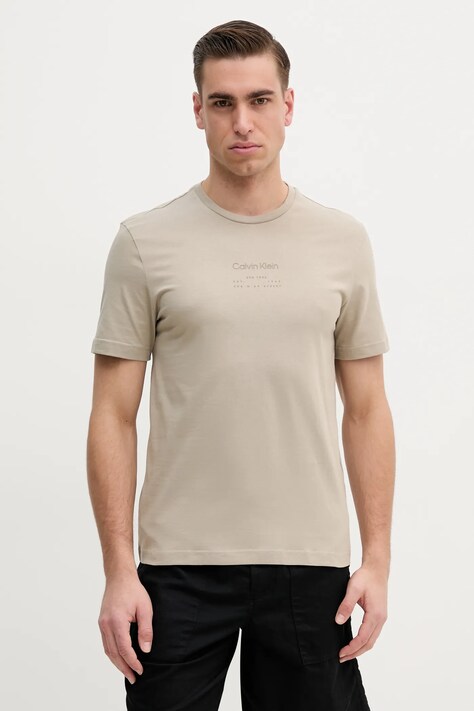 Calvin Klein tricou din bumbac barbati, culoarea bej, cu imprimeu, K10K114172