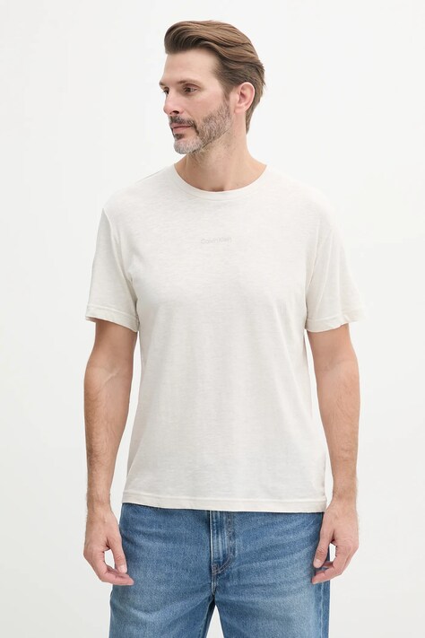 Calvin Klein tricou din amestec de in barbati, culoarea bej, cu imprimeu, KM0KM01138