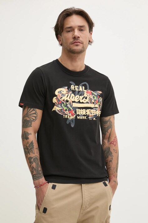 Superdry pamut póló fekete, férfi, nyomott mintás, M1012111A-02A