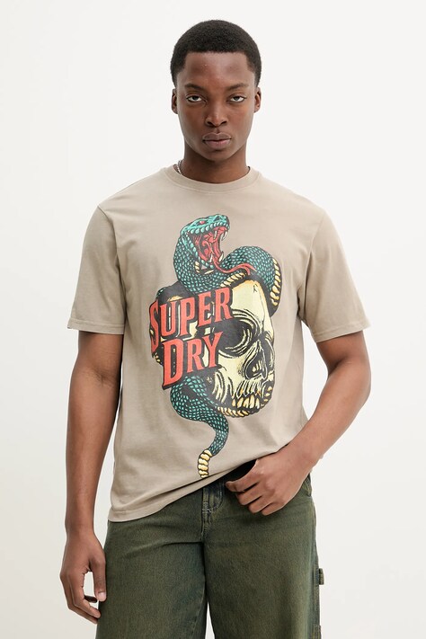 Superdry tricou din bumbac barbati, culoarea bej, cu imprimeu, M1012125A-1VV