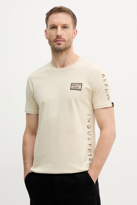 Alpha Industries tricou din bumbac Camo Sleeve T barbati, culoarea bej, cu imprimeu, 156522