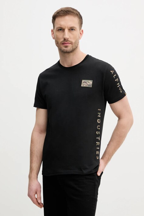 Хлопковая футболка Alpha Industries Camo Sleeve T мужская цвет чёрный с принтом 156522