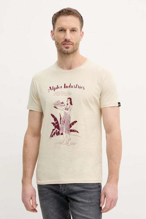 Хлопковая футболка Alpha Industries Alpha Hawaii T мужская цвет бежевый с принтом 156525