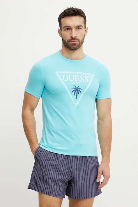 Guess tricou bărbați, culoarea turcoaz, cu imprimeu, F5GI00 J1314