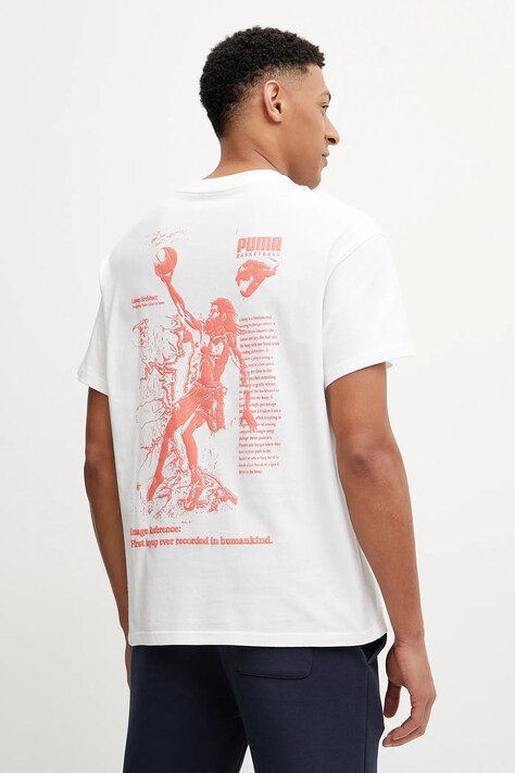 Puma tricou din bumbac The First Buckets culoarea alb, cu imprimeu, 630666