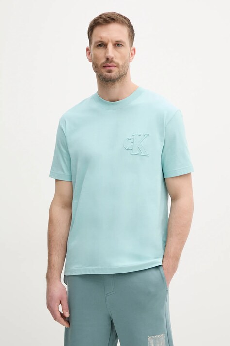 Calvin Klein Jeans tricou din bumbac bărbați, culoarea turcoaz, uni, J30J327494