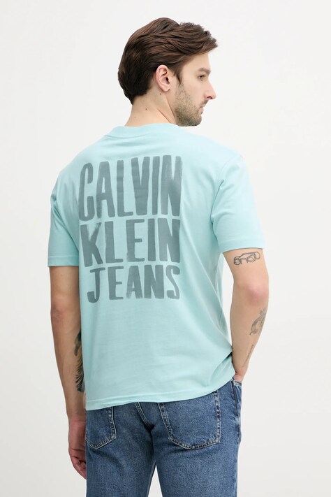 Bavlněné tričko Calvin Klein Jeans tyrkysová barva, s potiskem, J30J327523