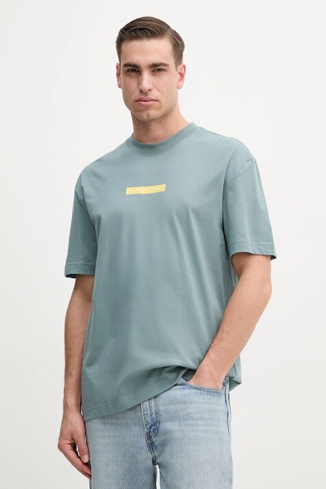 Calvin Klein Jeans tricou din bumbac bărbați, culoarea turcoaz, cu imprimeu, J30J327524