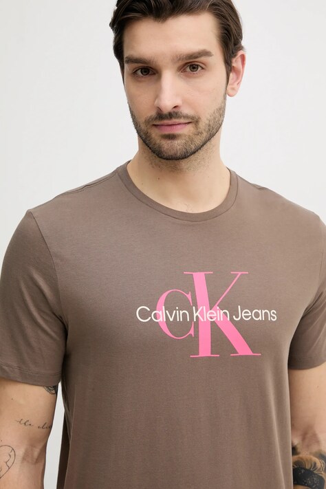 Calvin Klein Jeans tricou din bumbac barbati, culoarea bej, cu imprimeu, LV040EM286