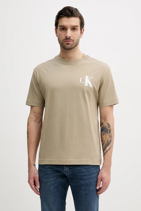 Calvin Klein Jeans tricou din bumbac barbati, culoarea bej, cu imprimeu, J30J327475