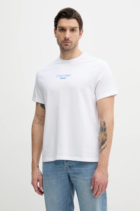 Calvin Klein Jeans tricou din bumbac barbati, culoarea alb, cu imprimeu, LV04RB824G