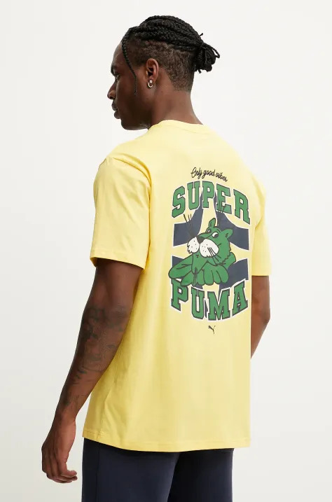 Pamučna majica Puma boja: žuta, s tiskom, 629639