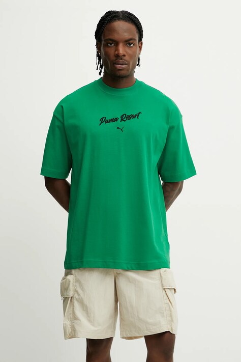 Puma t-shirt bawełniany męski kolor zielony z aplikacją 629666
