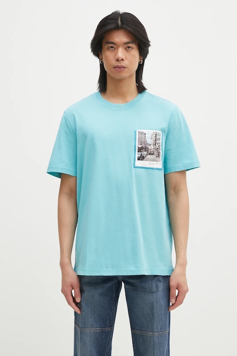 Helmut Lang t-shirt bawełniany Pstcard T Bk.Mal Lt męski kolor turkusowy z nadrukiem O10HM516
