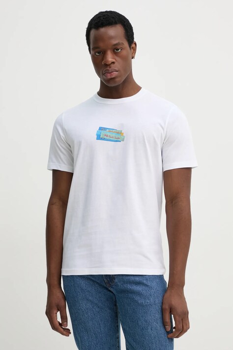 PS Paul Smith tricou din bumbac barbati, culoarea alb, cu imprimeu, M2R.011R.PP5128